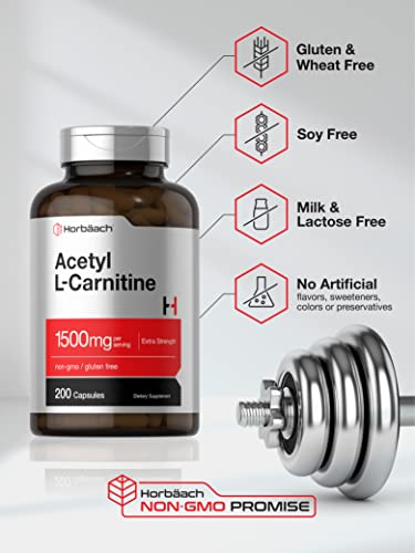 Acetyl L-Carnitine 1500mg | 200 Capsules | Extra Strength ALCAR Supplement | Non-GMO