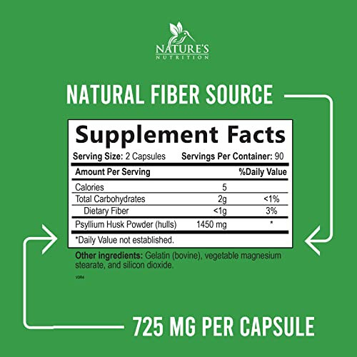 High Absorption Psyllium Husk Capsules 1450mg, Natural Soluble Fiber Supplement Non-GMO