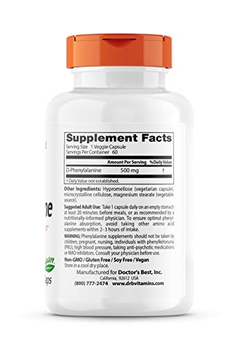 Doctor's Best D-Phenylalanine, Supports Mood, Nervous System, Non-GMO, Vegan, Gluten
