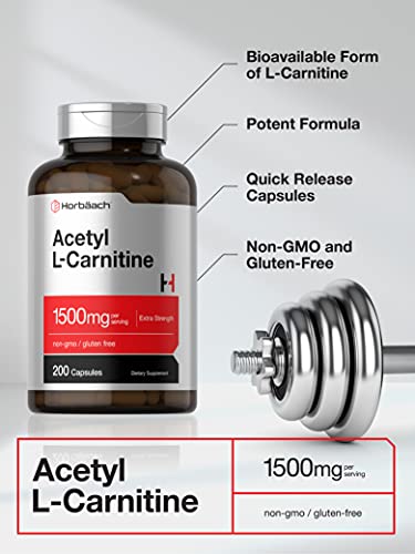 Acetyl L-Carnitine 1500mg | 200 Capsules | Extra Strength ALCAR Supplement | Non-GMO