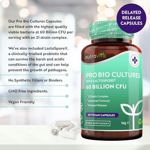 60 Billion CFU Probiotic Cultures - Scientifically Backed Lactospore® for Good Gut Flora Nutravita