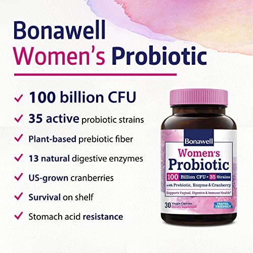 Bonawell Probiotics for Women 100B, with Organic Prebiotic, Cranberry for Feminine Health
