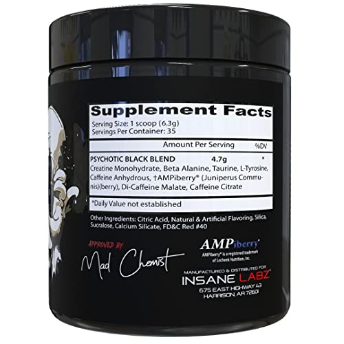 Insane Labz Psychotic Black Edition Mid Stimulant Pre Workout Powder, Energy Focus