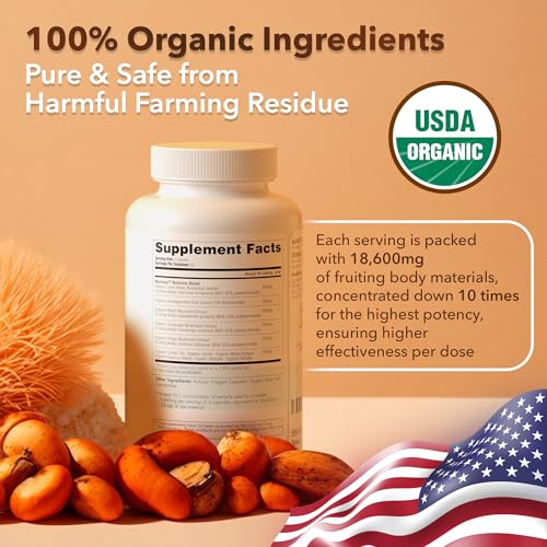 USDA Organic Lions Mane Supplement Capsules with Ashwagandha, Chaga, Reishi, Cordyceps