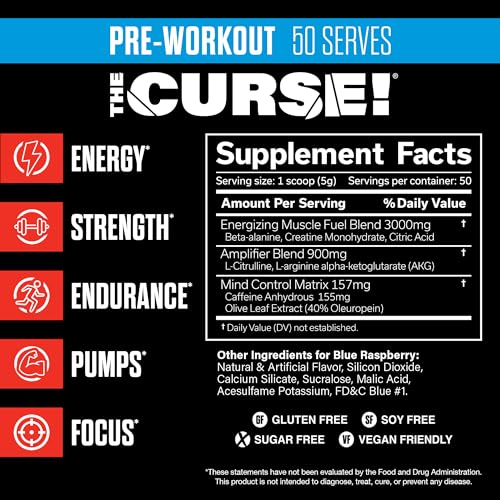JNX SPORTS The Curse! Pre Workout Powder - Blue Raspberry 50 Servings | Preworkout