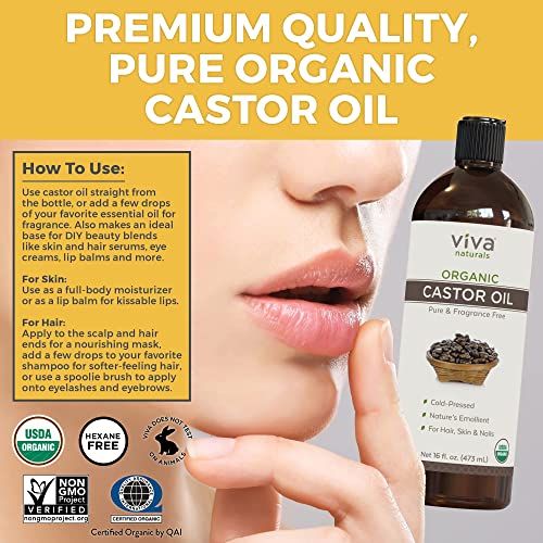 Viva Naturals Organic Castor Oil, 16 fl oz - Cold Pressed Castor Oil for Skin, Hair and Lashes - Traditionally