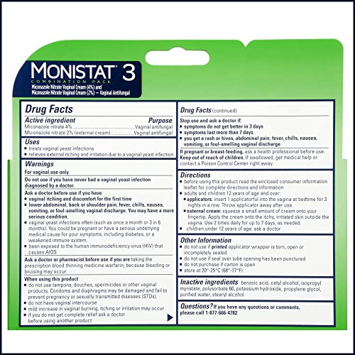 Monistat 3 Day Yeast Infection Treatment for Women, 3 Miconazole Pre-Filled Cream Applicators & External