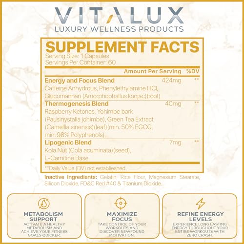 VITALUX || Premium Thermogenic Energy Burn || Metabolism Support, Boost Energy Levels, Increase Focus | Ultra Dosed Pre Workout w/ 8 Powerful Ingredients | 3rd Party Tested + USA Made - 120 Servings