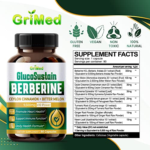 GriMed Berberine Supplement 9,500mg with Ceylon Cinnamon Bitter Melon Supports Healthy
