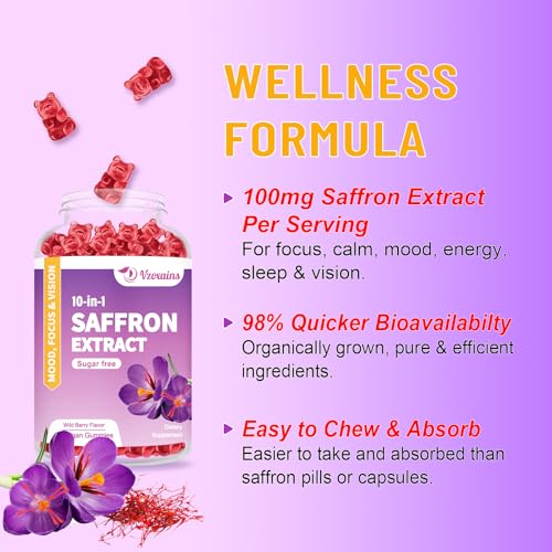 VZOXAINS 2 Pack Saffron Supplement Gummies, Sugar Free Saffron Extract with Magnesium