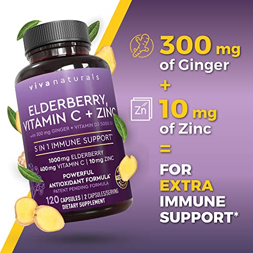 Viva Naturals Sambucus Elderberry with Vitamin C and Zinc for Adults - 5 in 1 Sambucus