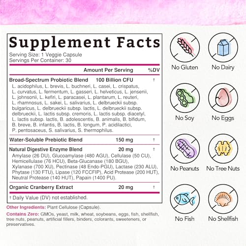 Bonawell Probiotics for Women 100B, with Organic Prebiotic, Cranberry for Feminine Health