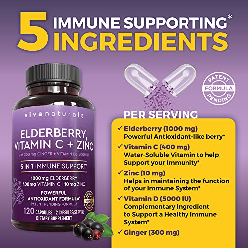 Viva Naturals Sambucus Elderberry with Vitamin C and Zinc for Adults - 5 in 1 Sambucus
