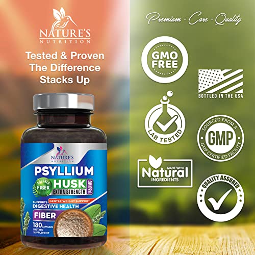 High Absorption Psyllium Husk Capsules 1450mg, Natural Soluble Fiber Supplement Non-GMO