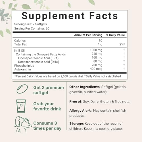 2 Pack Antarctic Krill Oil Supplement, 1000mg Per Serving, 120 Soft-Gels Each