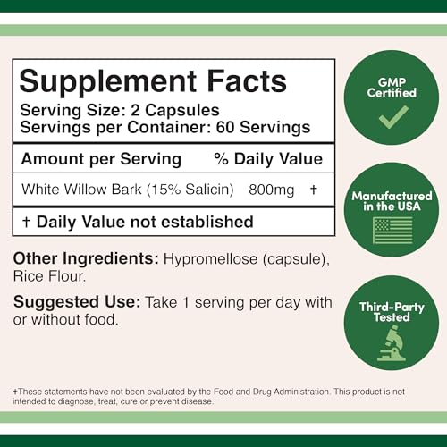 White Willow Bark Capsules 800mg per Serving, 120 Count (Willow Bark Extract Std.
