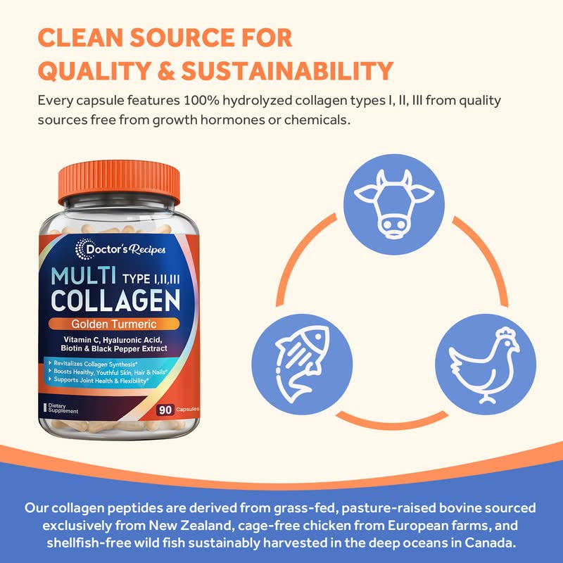 Doctor's Recipes Multi Collagen Complex with Golden Turmeric, Vitamin C, Biotin, Hyaluronic