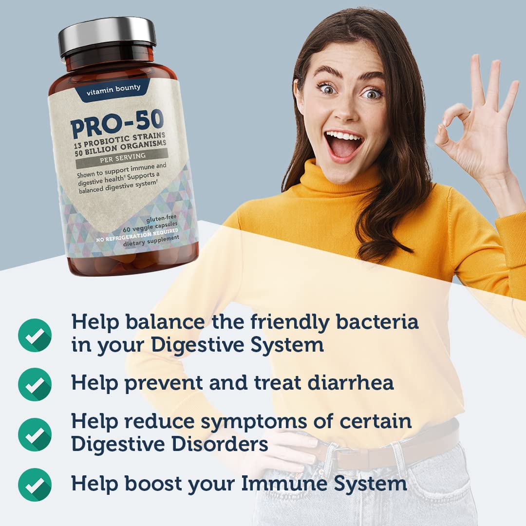 Vitamin Bounty Pro-50 Probiotics Supplement- 13 Probiotic Strains, Gut Health