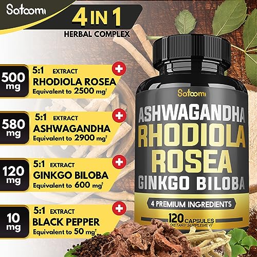 6050mg Rhodiola Rosea Supplement with Ashwagandha Root, Ginkgo Biloba & Black Pepper Satoomi