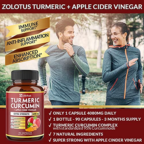 7 in 1 Turmeric Curcumin + Apple Cider Vinegar Capsules, Equivalent to 4080mg Zolotus