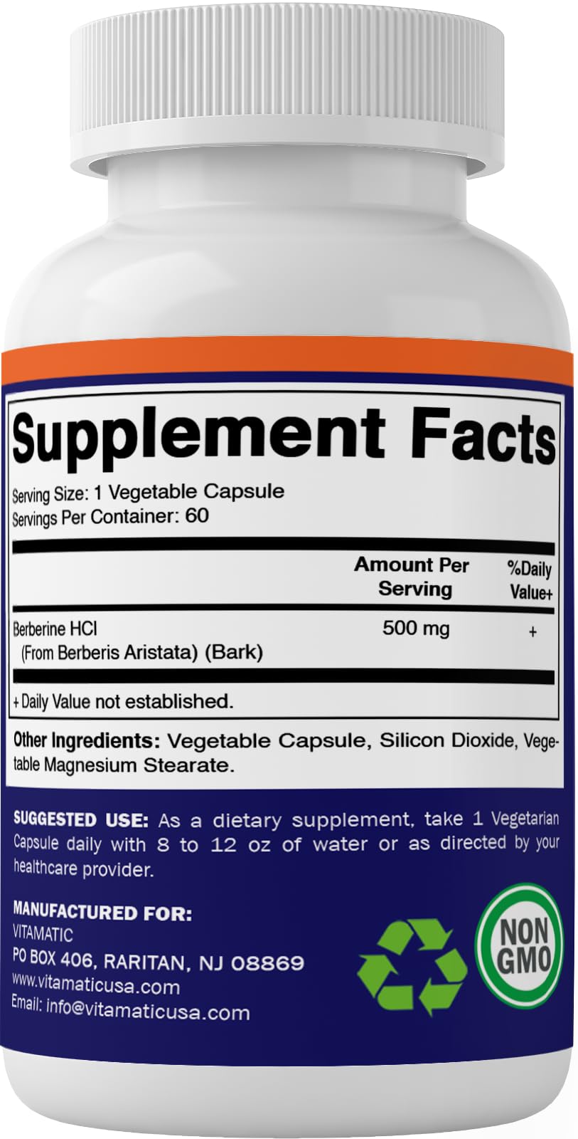 Vitamatic Berberine Supplement 500mg - 60 Vegetable Capsules - Made in The USA