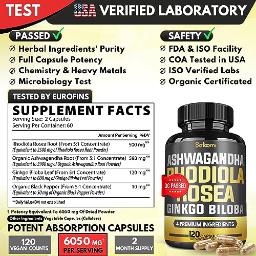 6050mg Rhodiola Rosea Supplement with Ashwagandha Root, Ginkgo Biloba & Black Pepper Satoomi