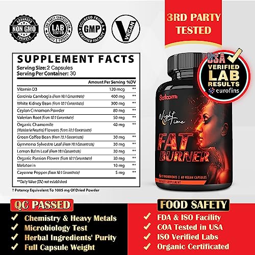 12in1 Night Time Fat Burner for Women - VitaminD.3, Garcinia Cambogia, White Kidney Bean