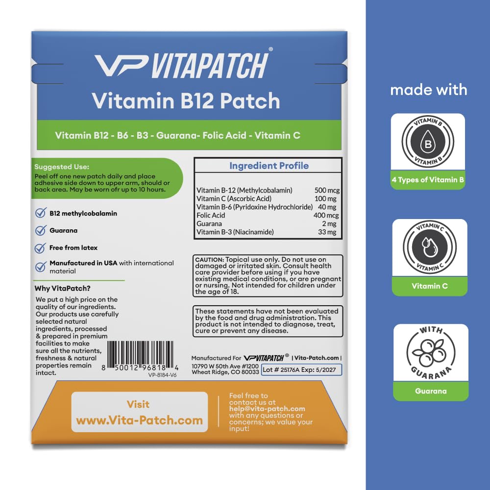 VitaPatch Vitamin B12 Patch for Energy Plus – 30 Count Vitamin B12 Patches – B12 Vitamins