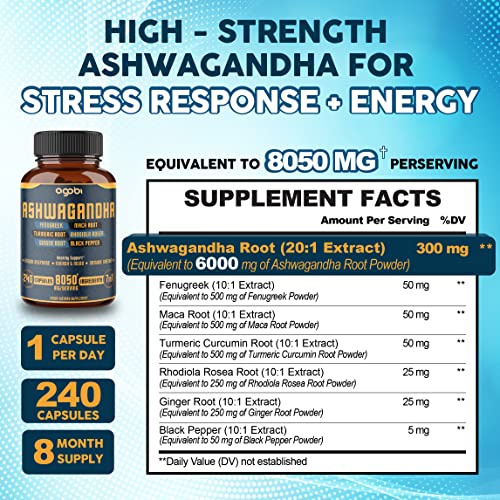 240 Capsules - 8 Month Supply - 7in1 Ashwagandha 8050mg - Combined With Fenugreek