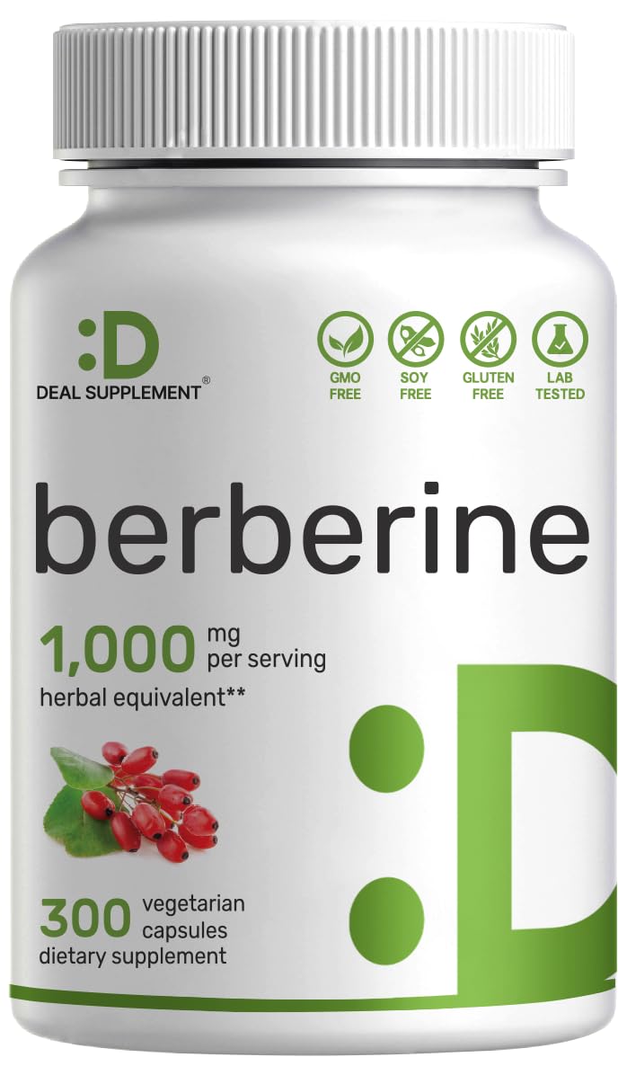 Berberine Supplement, 1,000mg Per Serving, 300 Veggie Capsules – 97% Pure Berberine