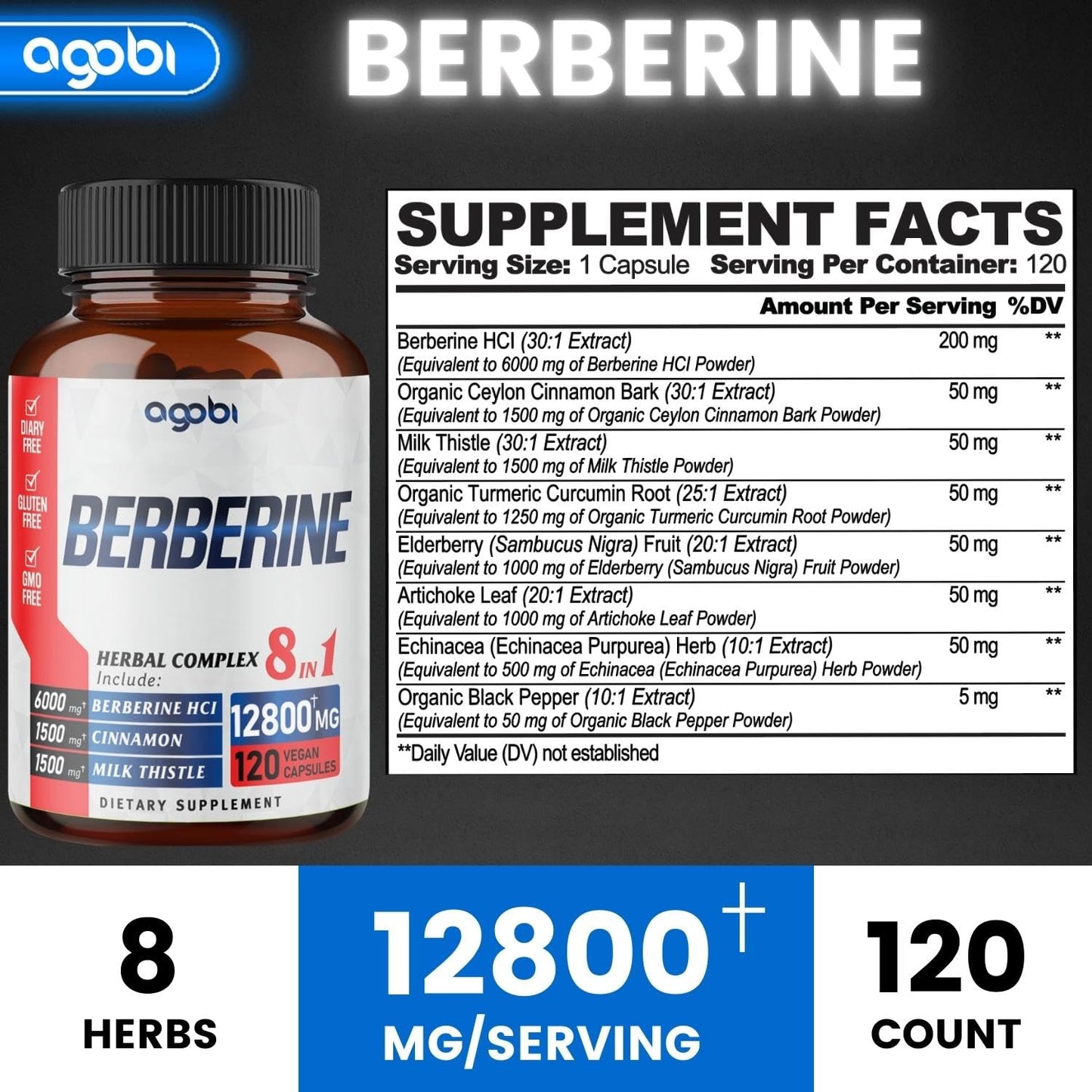 120 Capsules - Berberine Supplement 12800mg with Ceylon, Milk Thistle, Turmeric