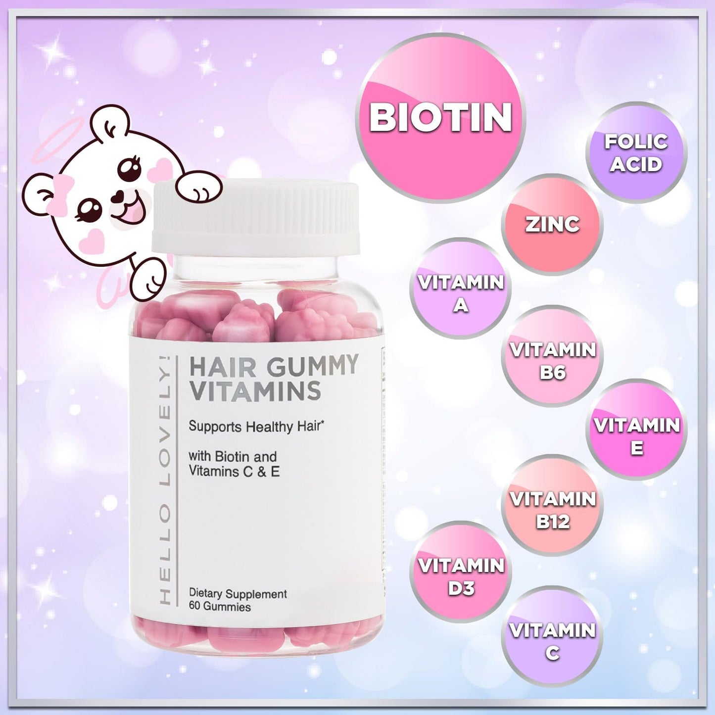 Hello Lovely! Hair Vitamins Gummies with Biotin 5000 mcg Vitamin E & C Support Hair Growt