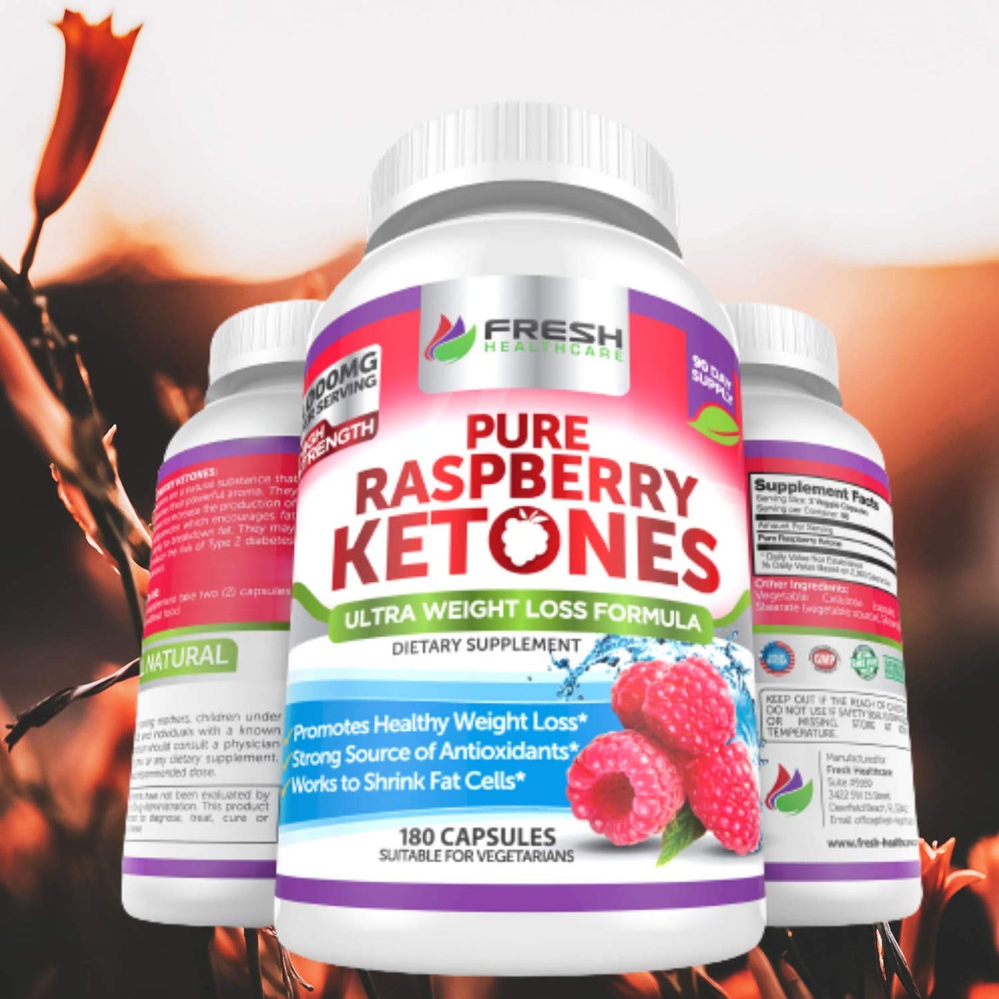FRESH HEALTHCARE Pure 100% Raspberry Ketones Max 1000mg Per Serving - 3 Month