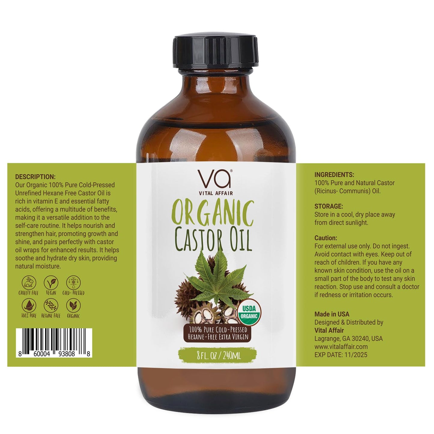 VITAL AFFAIR Castor Oil Organic Cold Pressed Unrefined Glass Bottle- USDA Certified Organic Castor Oil