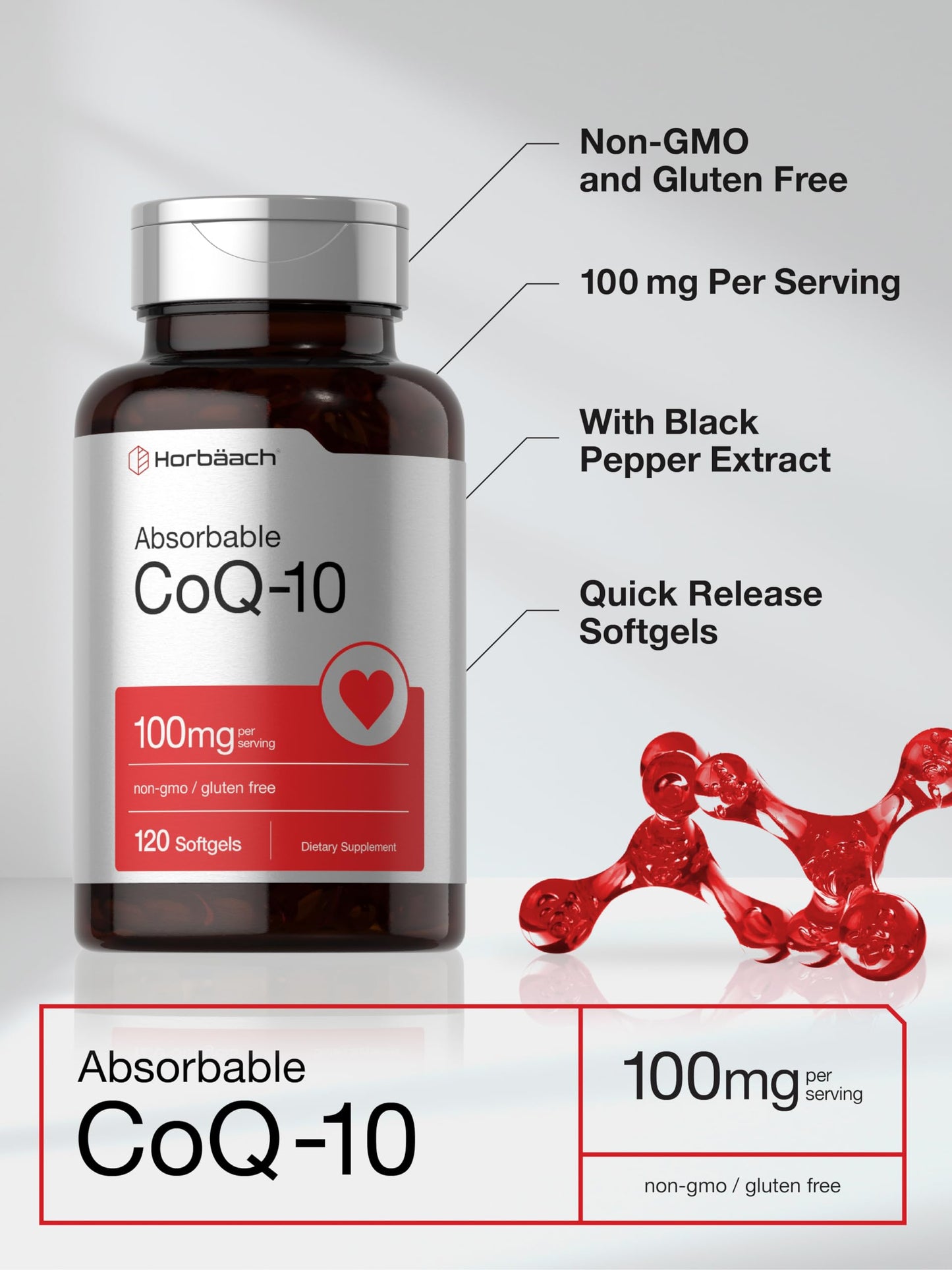 Horbaach CoQ10 100mg Softgels | 120 Count | Non-GMO and Gluten Free Supplement