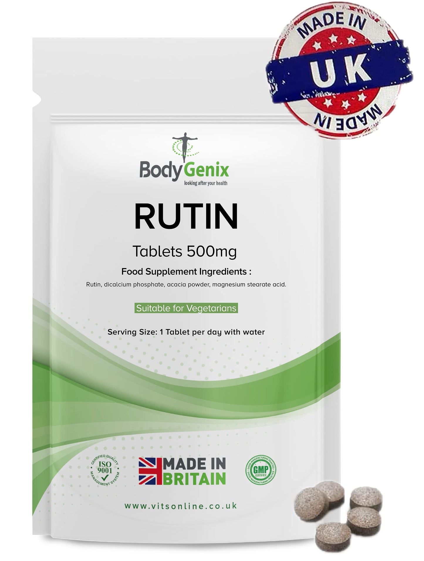 Bodygenix Rutin 500mg Tablets CAPILLARIES, VARICOSE Veins, Hemorrhoids Veg Friendly