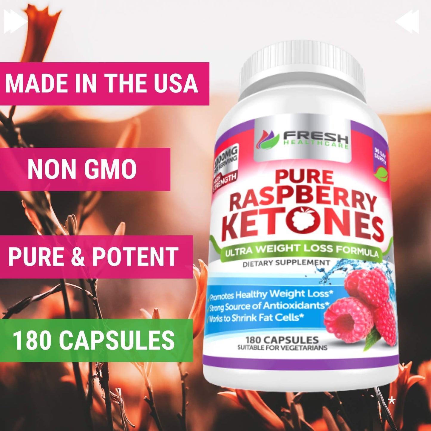 FRESH HEALTHCARE Pure 100% Raspberry Ketones Max 1000mg Per Serving - 3 Month