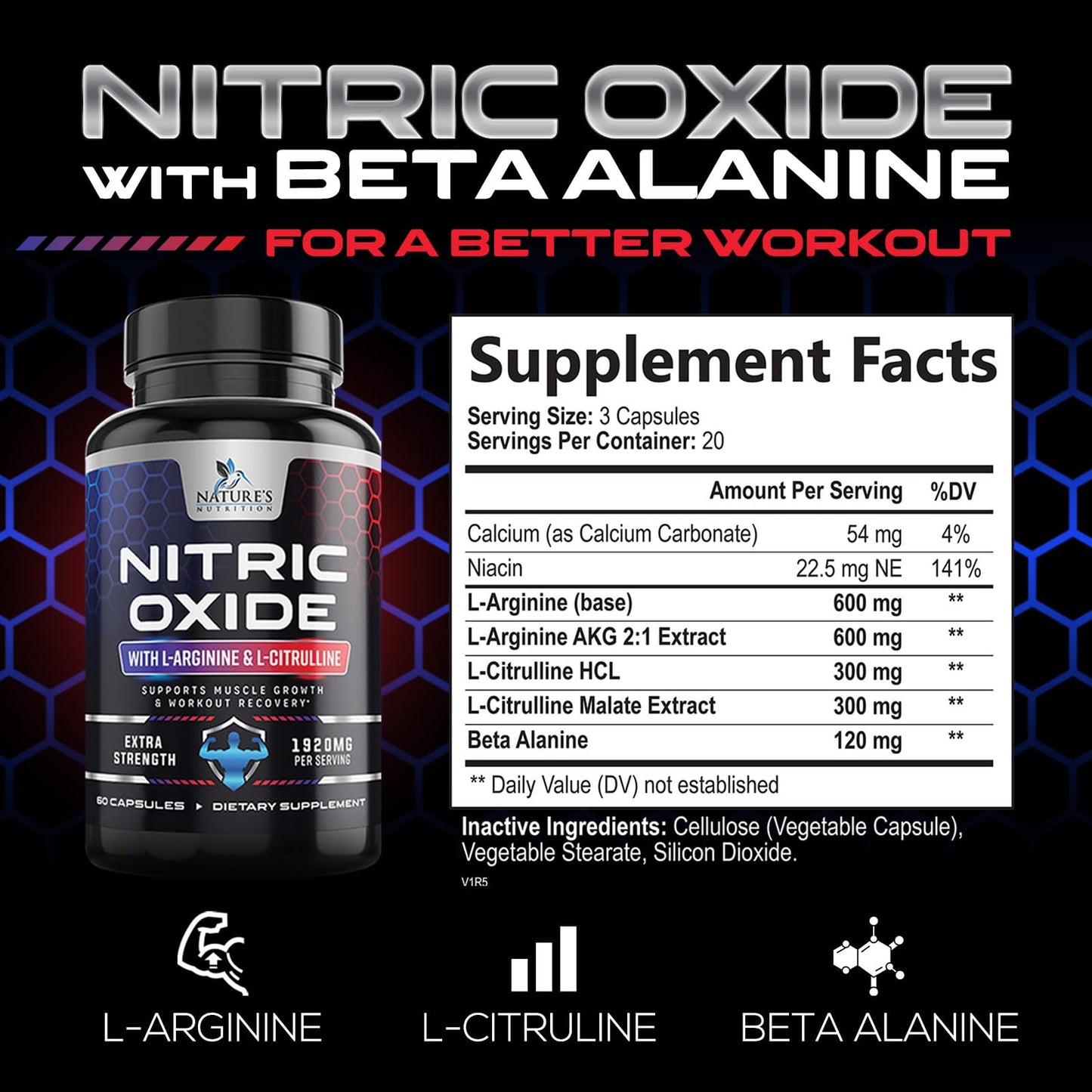 Extra Strength Nitric Oxide Supplement L Arginine 3X Strength - Citrulline Malate, AAKG