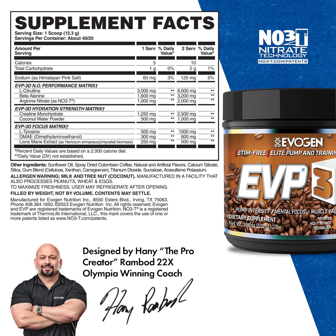 Evogen EVP 3D Caramel Frappe | Xtreme Stimulant Free Pre-Workout Powder, Arginine Nitrate, Citrulline, Beta-Alanine, Lions Mane
