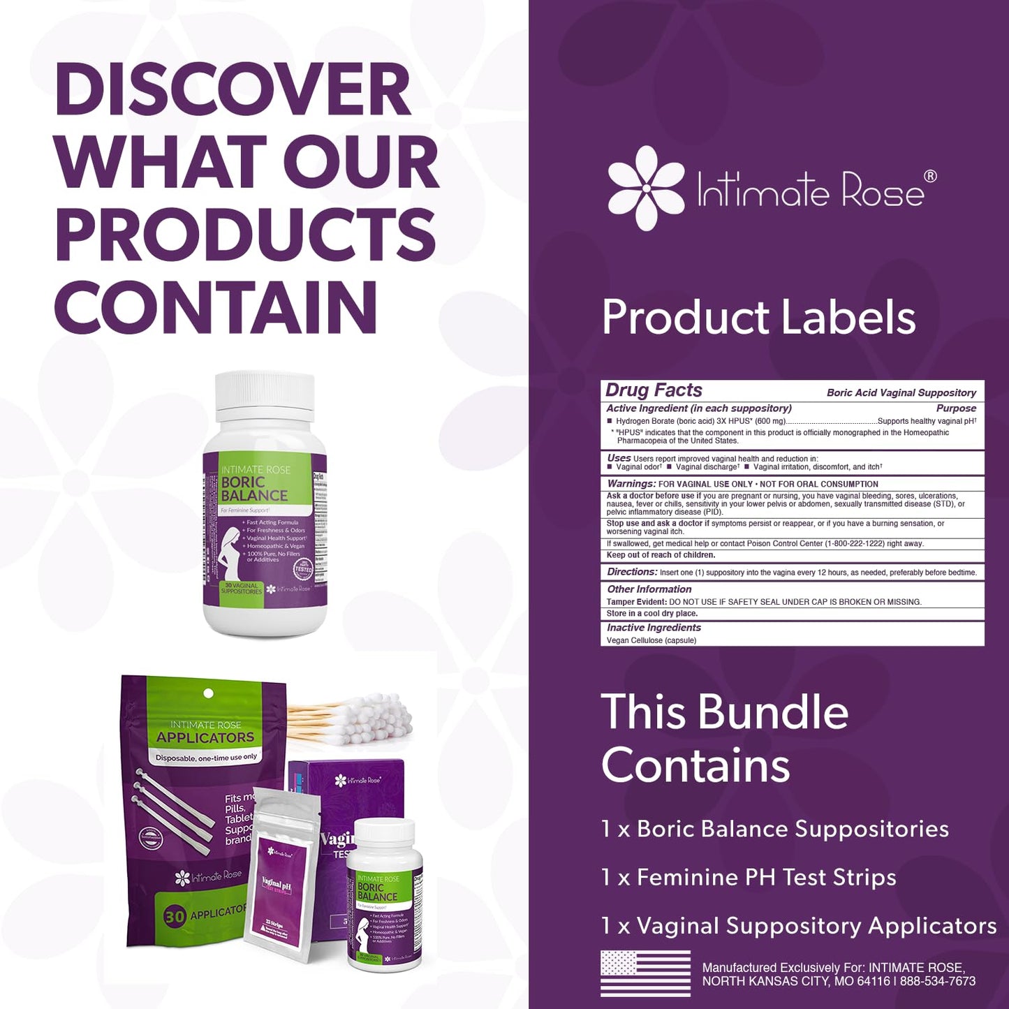 Intimate Rose Boric Acid Suppositories + 15 Count Vaginal Suppository Applicator + pH Test Strips