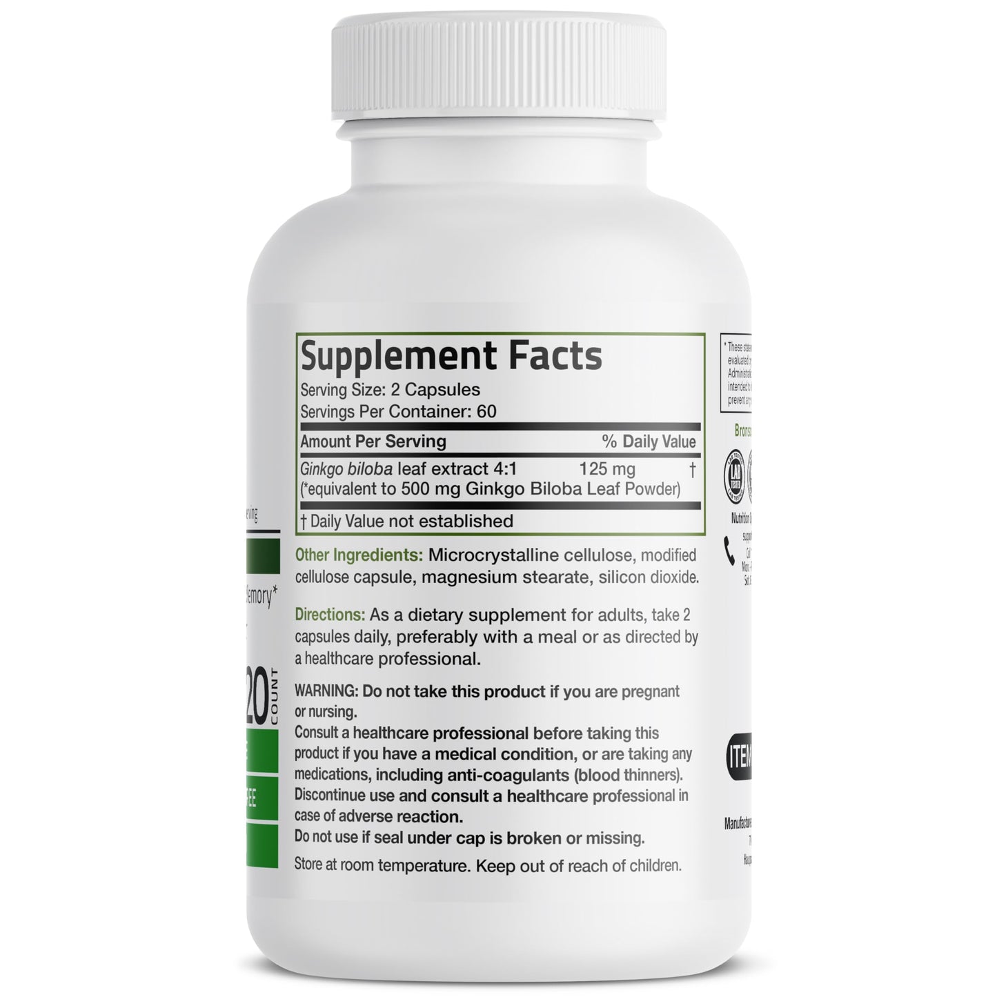 Bronson Ginkgo Biloba Extra Strength 125mg (4:1 Extract) Equivalent to 500mg