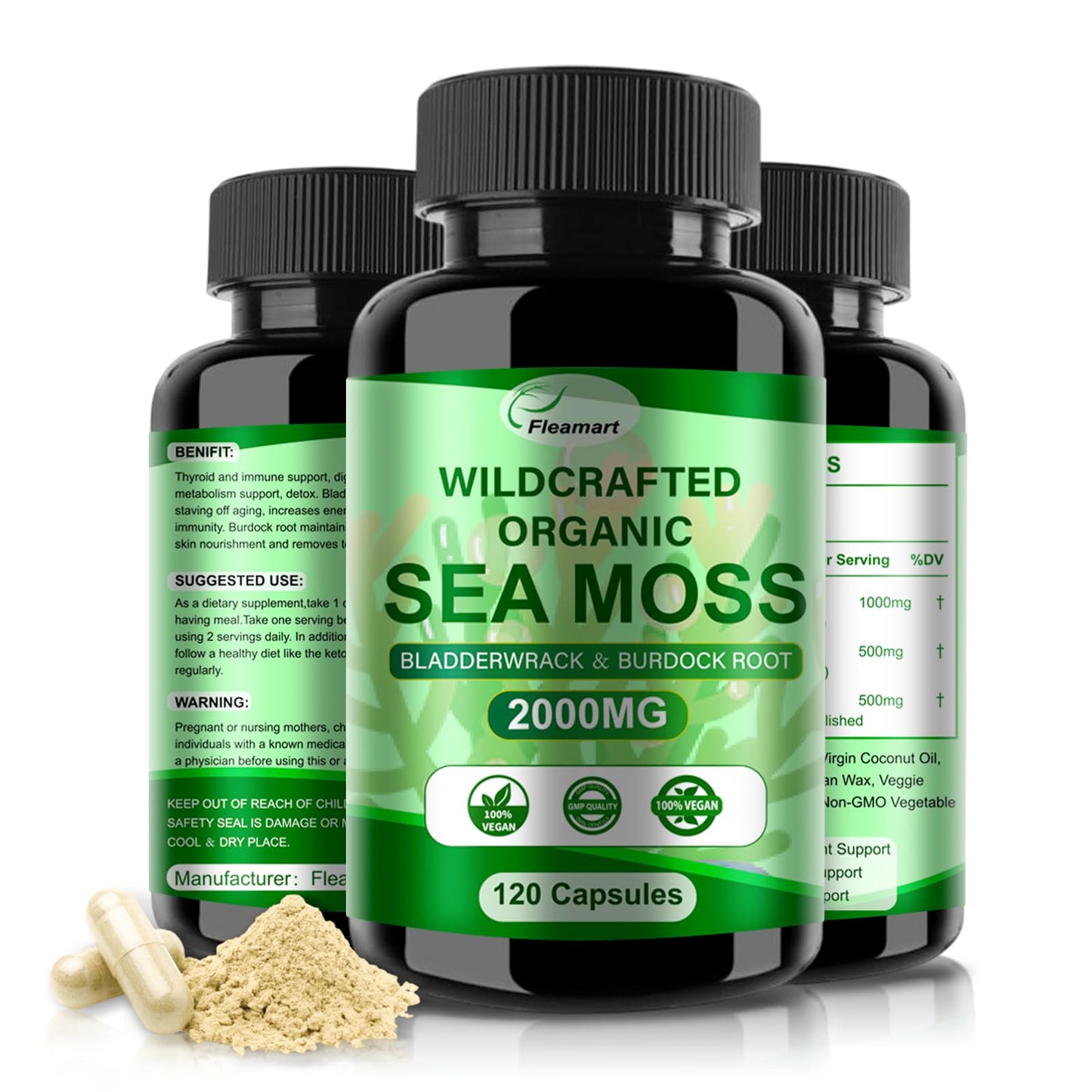 Fleamart Irish Sea Moss Capsules 120ct Raw Organic Sea Moss Wildcrafted Bladderwrack