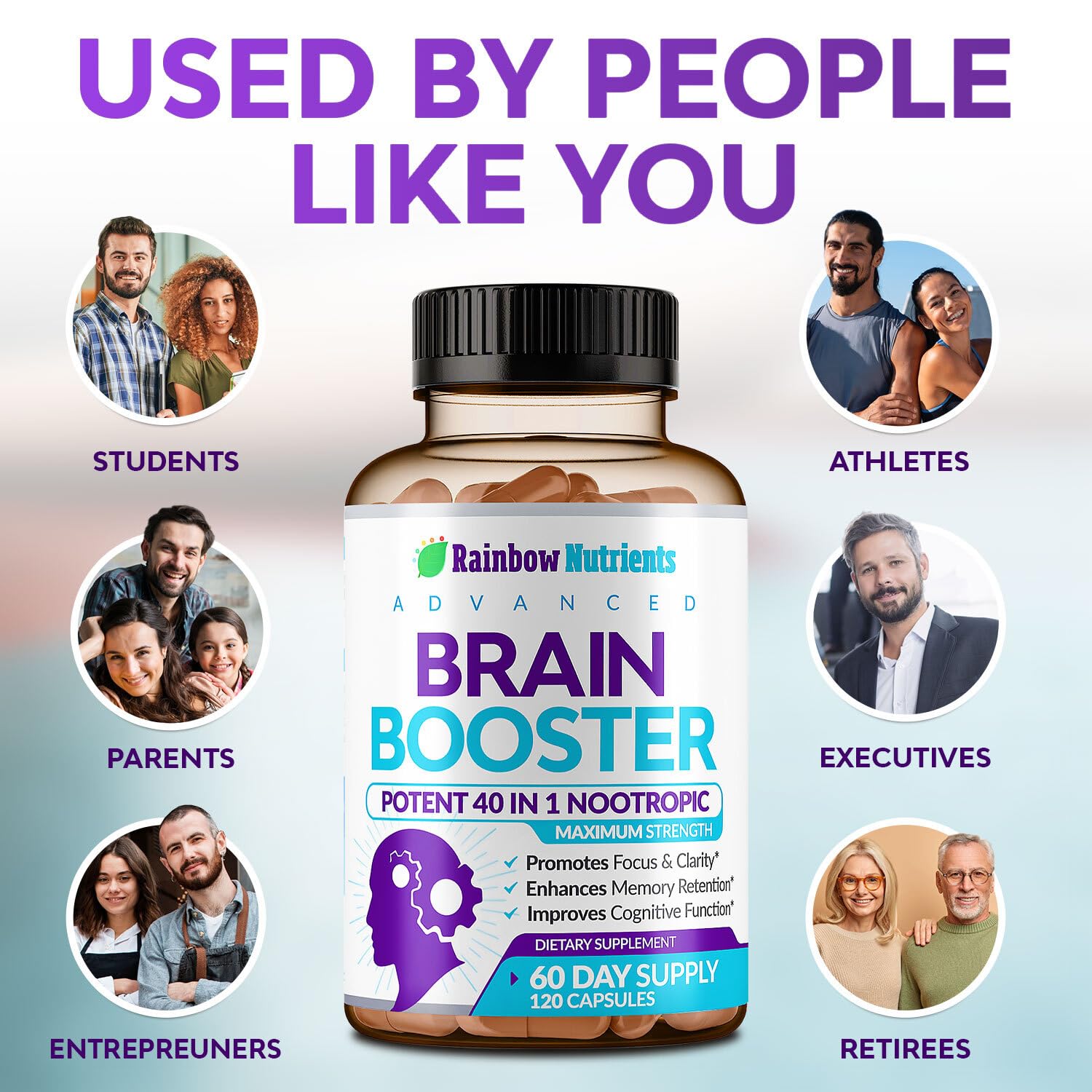 40-in-1 Brain Booster Supplements for Memory, Focus, Clarity, Energy, Performance Rainbow Nutrients, LLC