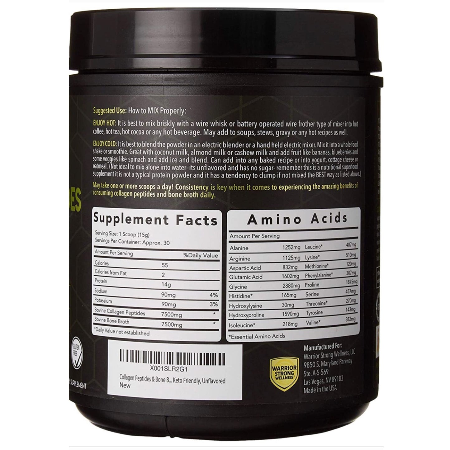 Warrior Strong Wellness Premium Collagen Peptides Bone Broth: Grass Fed Hydrolyzed