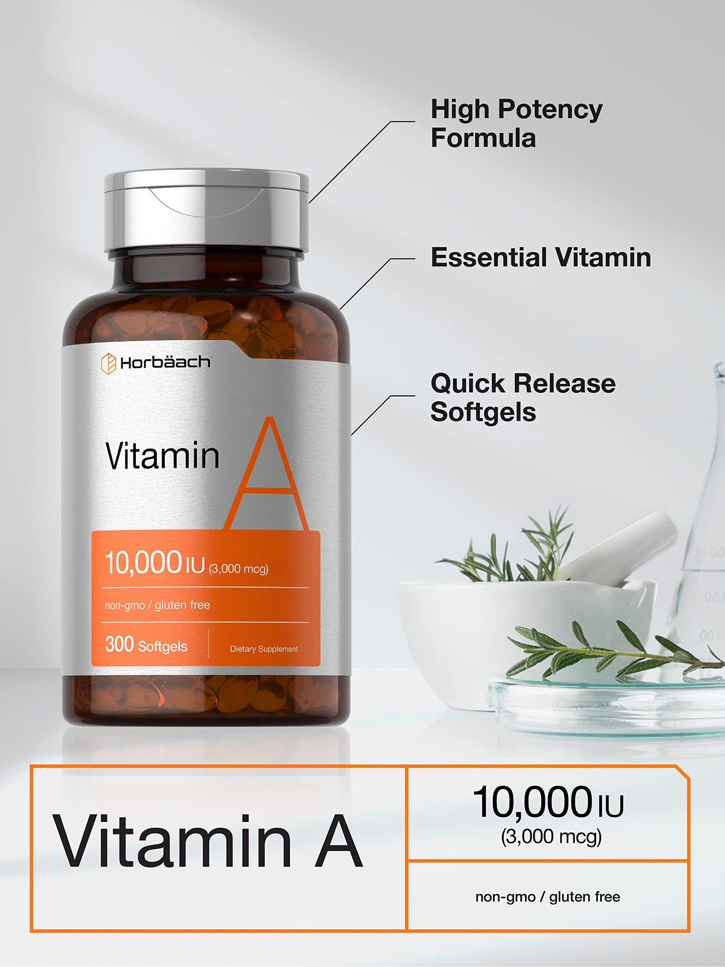 Vitamin A 10000 IU Softgels | 300 Count | Non-GMO, Gluten Free Supplement | by Horbaach