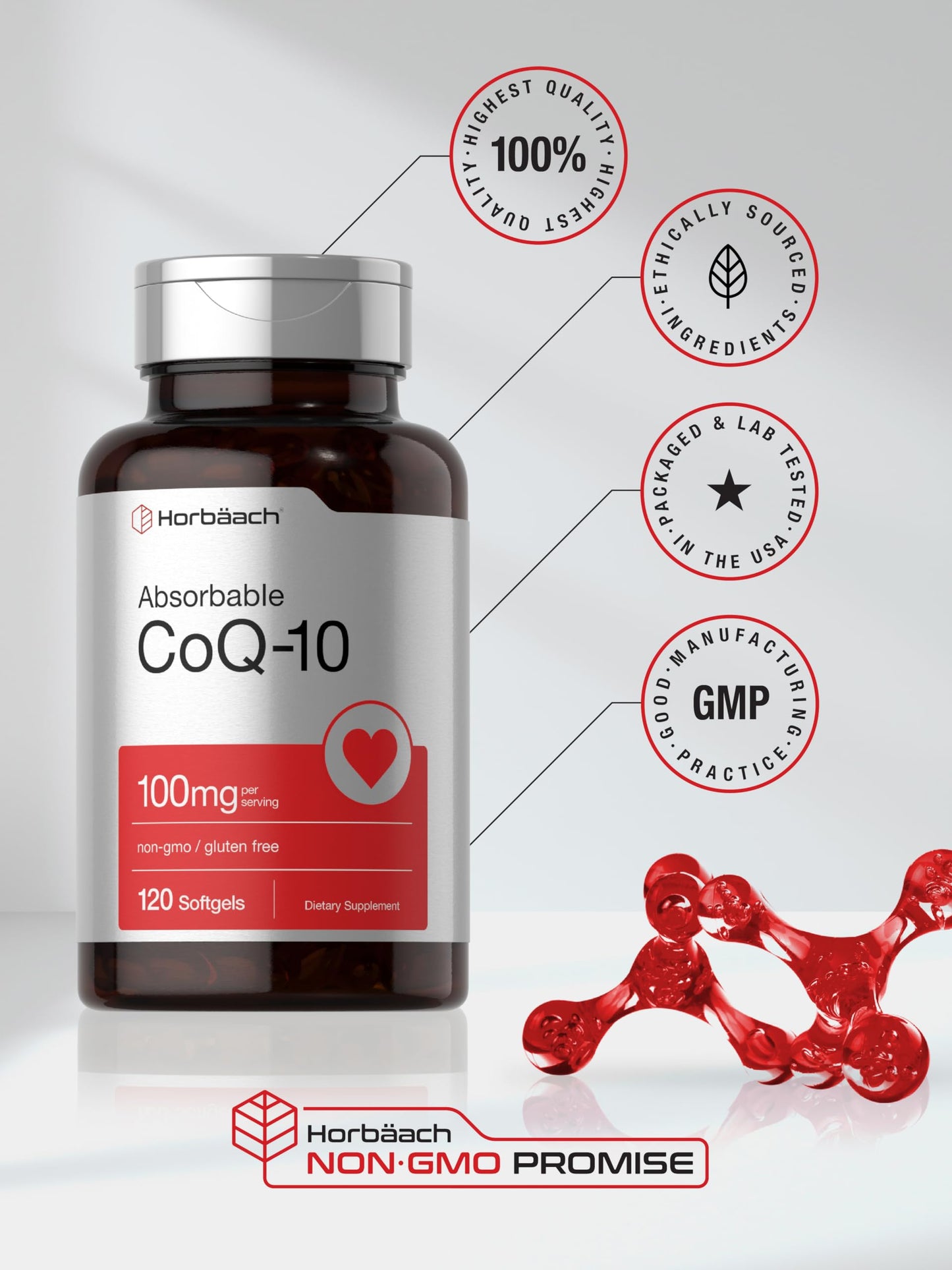 Horbaach CoQ10 100mg Softgels | 120 Count | Non-GMO and Gluten Free Supplement