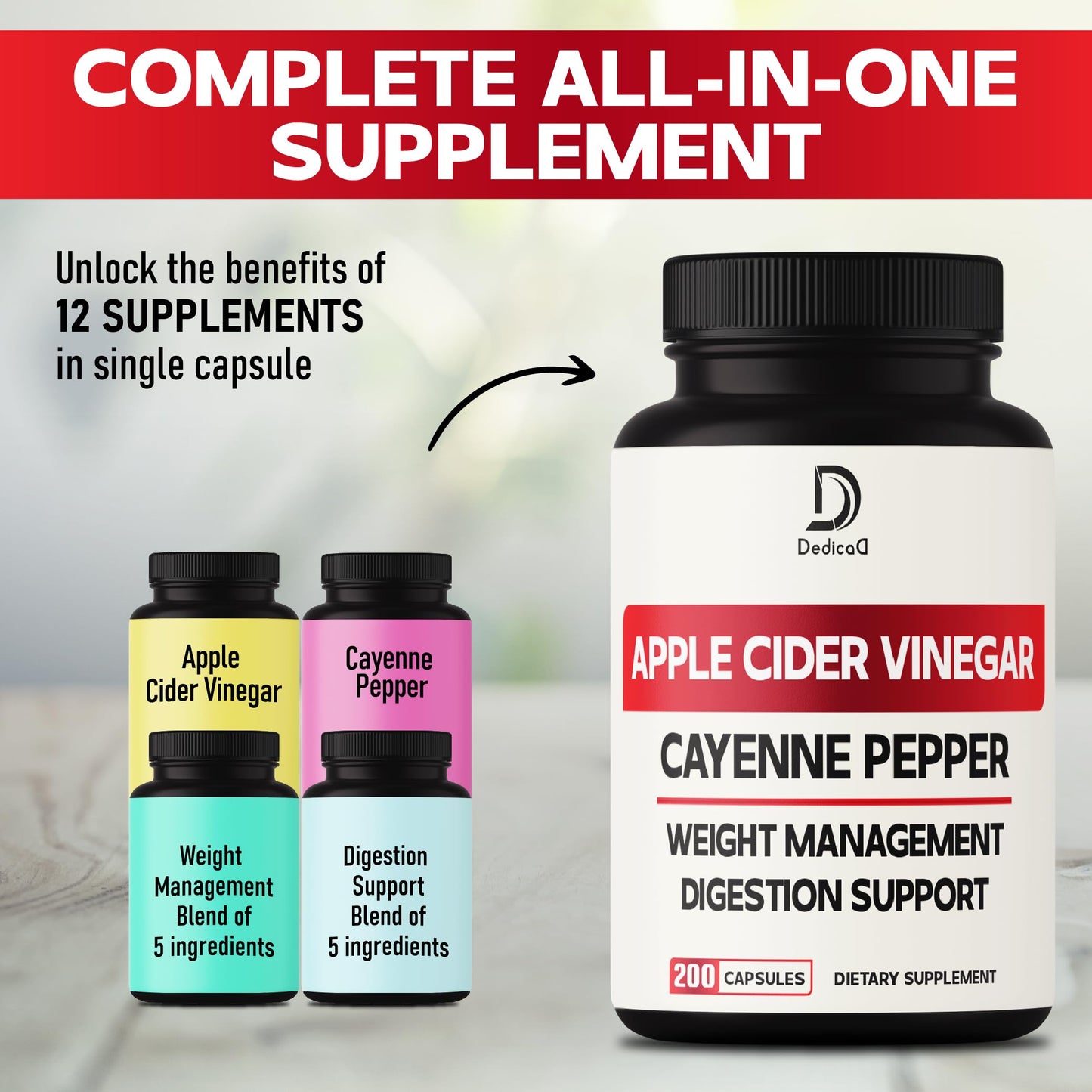12in1 Apple Cider Vinegar Supplements - 200 Capsules with Cayenne Pepper, Grape Seed