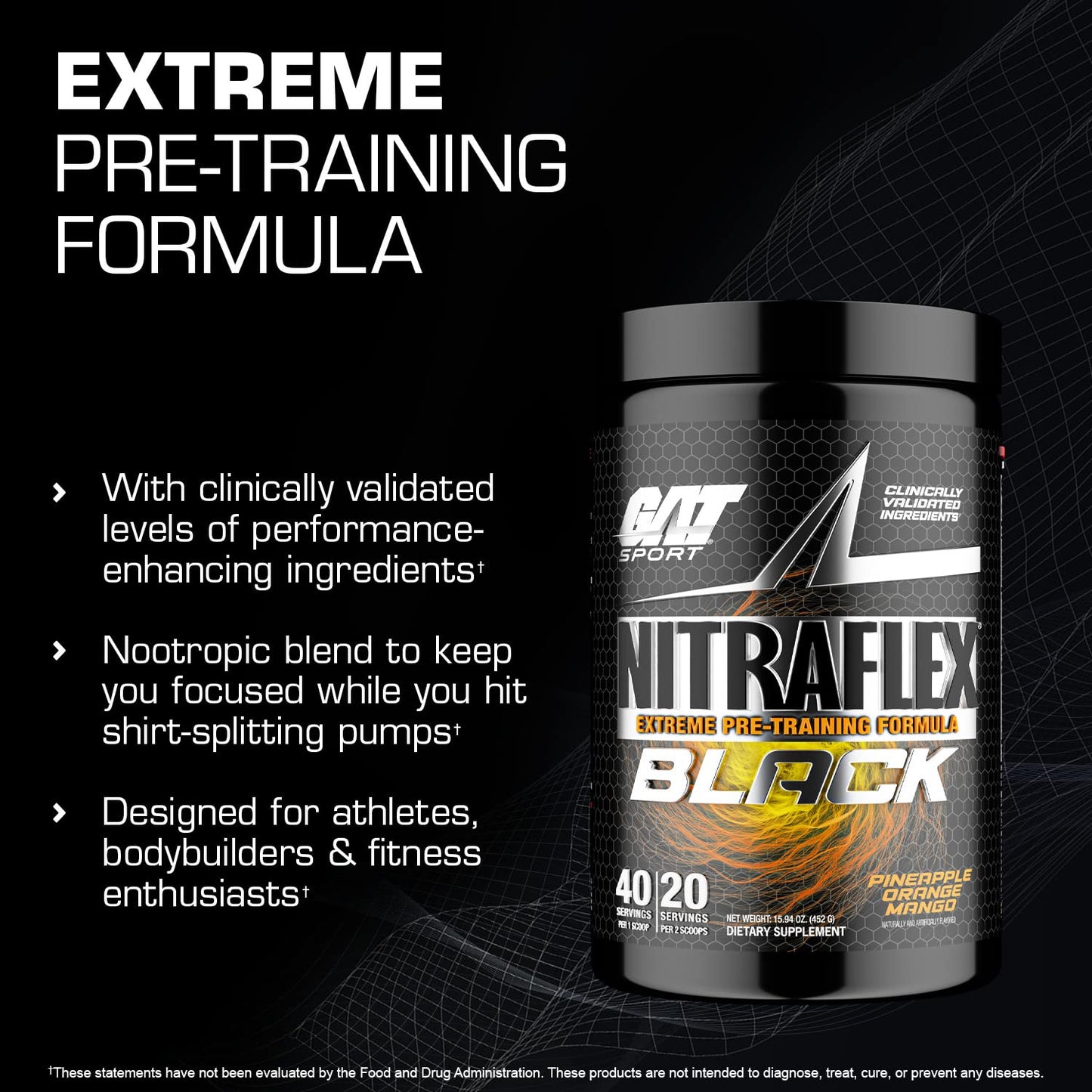 GAT SPORT Nitraflex Black Pre-Workout Powder, Extreme Pre-Training Formula for Men
