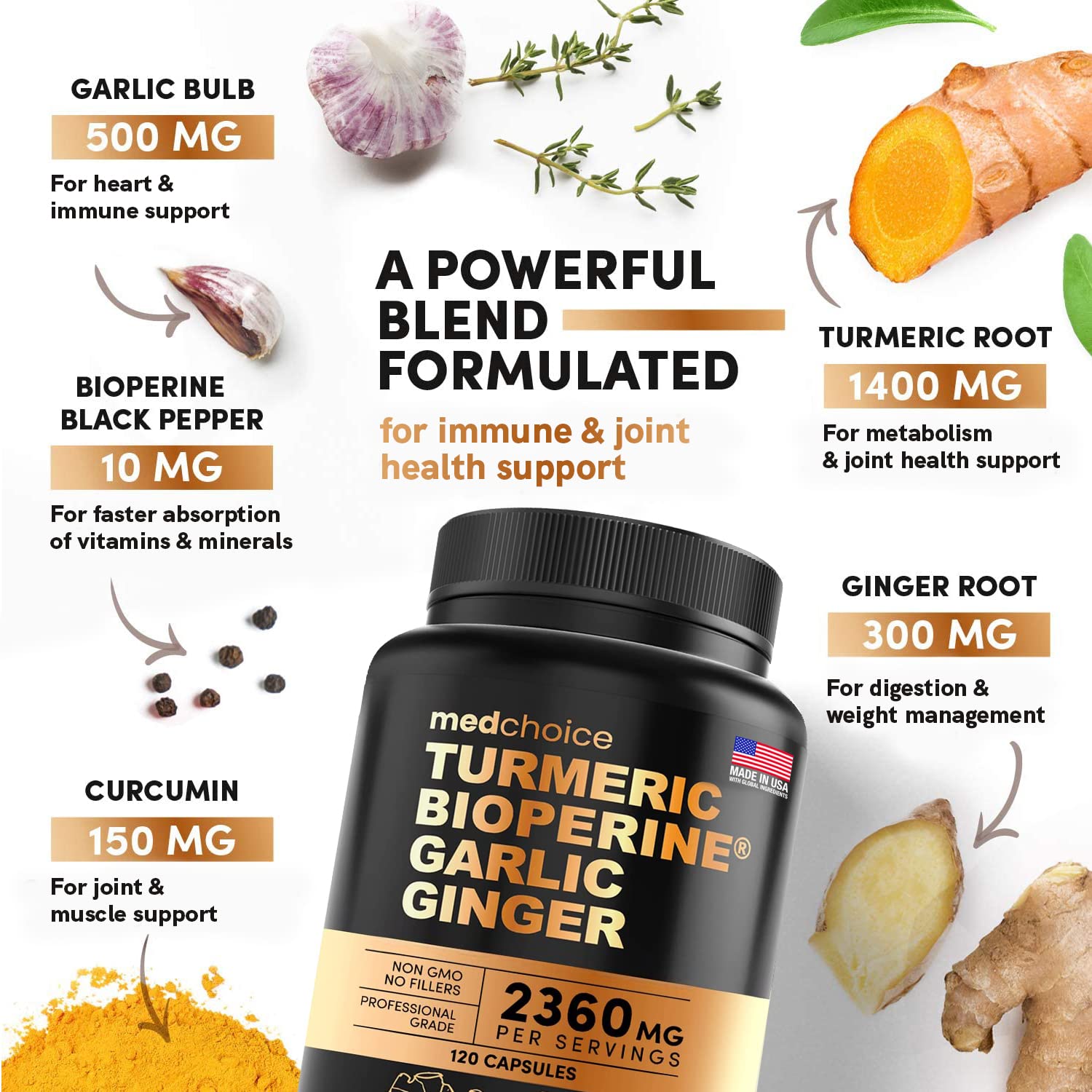 4-in-1 Supplement with Turmeric, Garlic, Ginger Root, and Black Pepper - 120 Capsules MEDCHOICE