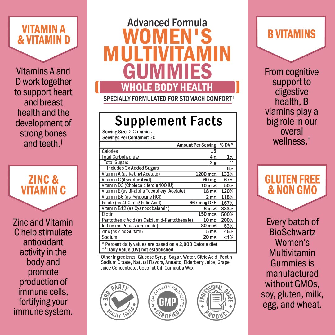 Women's Multivitamin Gummies with A C B6 B12 D & E Vitamins for Immune Support